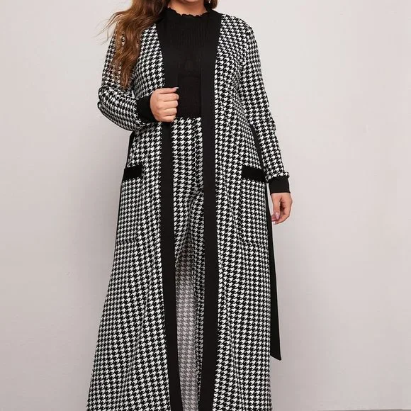 Black Casual Womens Patch Pocket Belted Houndstooth Coat & Leggings Set - Picture 5 of 5